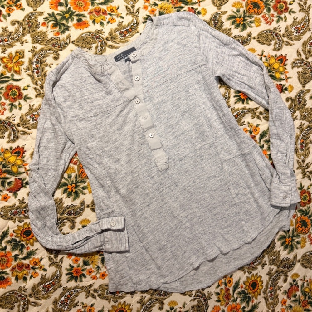 Vince Women Heather Grey 100% Linen Silk Trim Long Sleeve Henley Top XXS